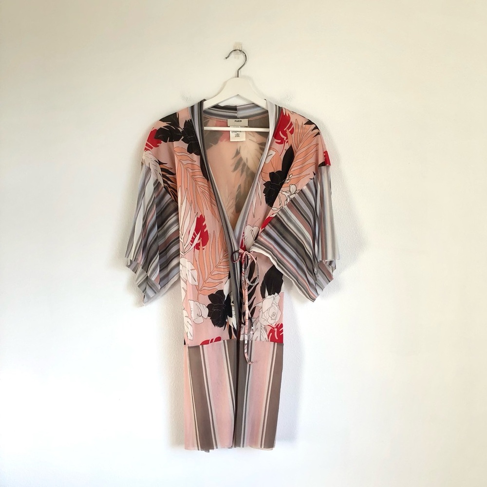Fuzzi Made In Italy Pink Multicolor Floral Stripe Mesh Swim Cover Kimono Size XS